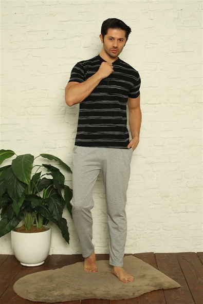 Moda Çizgi Erkek Siyah 3'lü Pijama Takım 6823 - 2