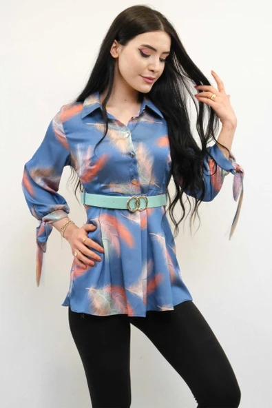 Moda Çizgi Kemerli Gömlek Tunik İndigo - 3