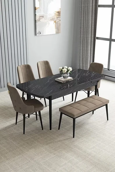 Loft Siyah Mermer 80x132 Açılabilir Mdf Masa Yemek Odası Takımı, Mutfak Takımı 4 Sandalye, 1 Bench Cappucino - 2