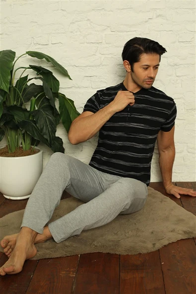 Moda Çizgi Erkek Siyah 3'lü Pijama Takım 6823 - 4