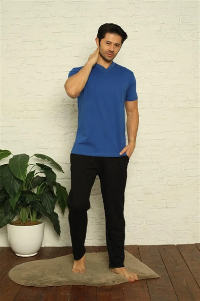 Moda Çizgi Erkek Sax V Yaka 3'lü Pijama Takım 6822 - 4