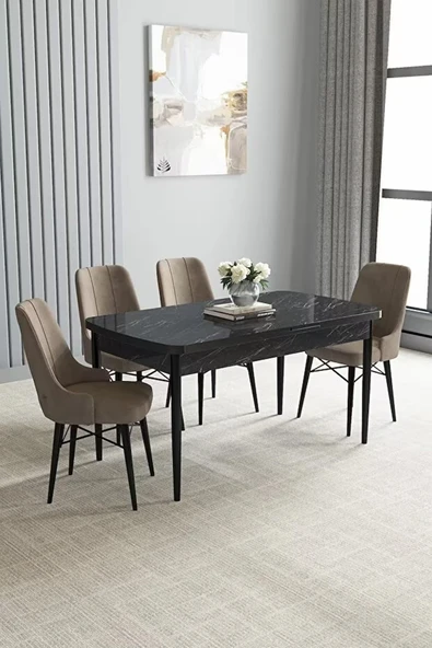 Loft Siyah Mermer 80x132 Açılabilir Mdf Masa Yemek Odası Takımı, Mutfak Takımı 4 Adet Sandalye Cappucino