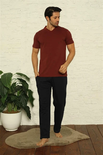 Moda Çizgi Erkek Bordo V Yaka 3'lü Pijama Takım 6822 - 2