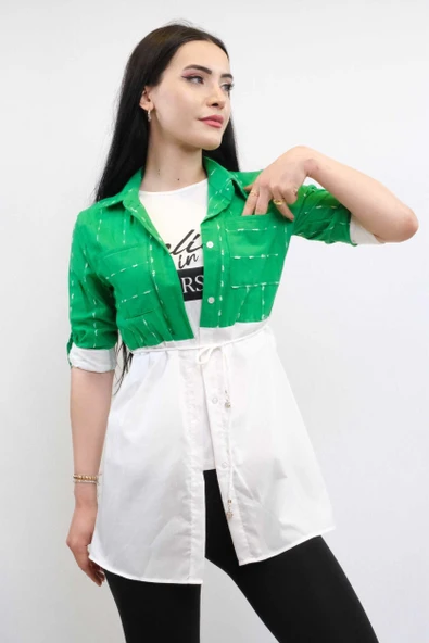 Moda Çizgi Pıt Pıt Desen İkili Takım Yeşil - 3