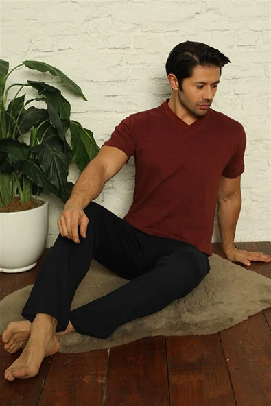 Moda Çizgi Erkek Bordo V Yaka 3'lü Pijama Takım 6822 - 4