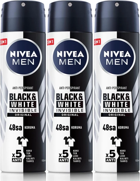 NIVEA MEN Erkek Sprey Deodorant Black&White Invisible Original Ter ve Ter Kokusuna Karşı 72 Saat Anti-perspirant Koruma 150ml x3 Adet