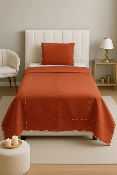 Rivaİstanbul Luna Kiremit Çizgili Çoban Dikişli %100 Pamuklu Tek Kişilik Yatak Örtüsü Takımı ürün görseli 1