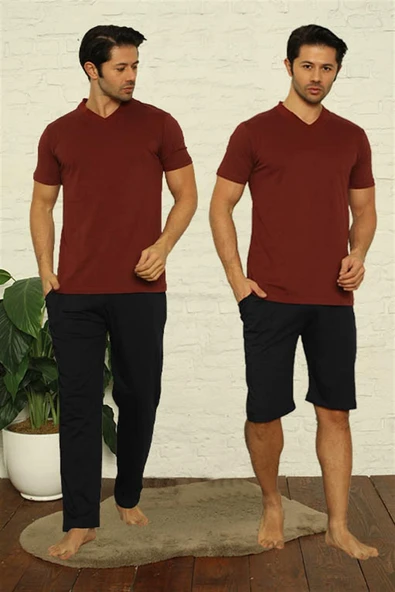 Moda Çizgi Erkek Bordo V Yaka 3'lü Pijama Takım 6822 - 1