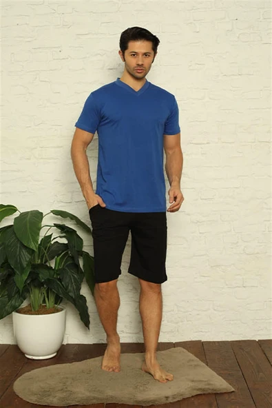 Moda Çizgi Erkek Sax V Yaka 3'lü Pijama Takım 6822 - 3