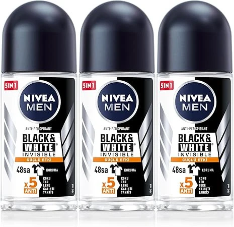 NIVEA MEN Erkek Roll on Deodorant Black&White Invisible Güçlü Etki 50ml x3 Adet, Ter ve Ter Kokusuna Karşı 48 Saat Anti-perspirant Koruma, İz Bırakmayan Formül ürün görseli