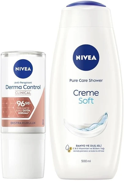 NIVEA Creme Soft Duş Jeli 500ml ve Kadın Rollon Deodorant Derma Control Clinical 50ml, 96Saat Ter Koruması ürün görseli 1
