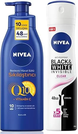 NIVEA Kadın Sprey Deodorant Black&White Clear 150ml, Q10 Sıkılaştırıcı ve Nemlendirici Vücut Sütü 400ml