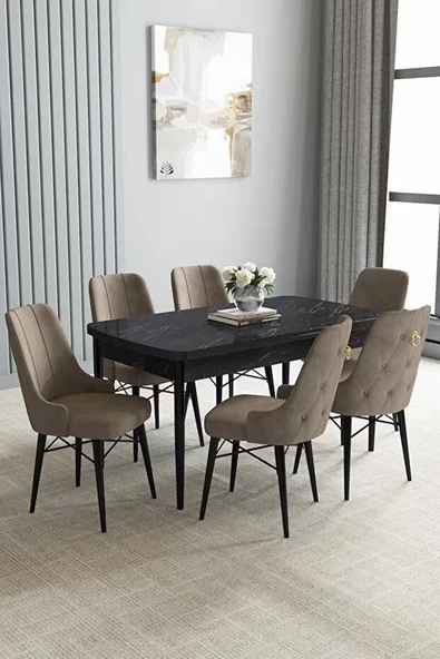 Loft Siyah Mermer 80x132 Açılabilir Mdf Masa Yemek Odası Takımı, Mutfak Takımı 6 Sandalye Cappucino - 1