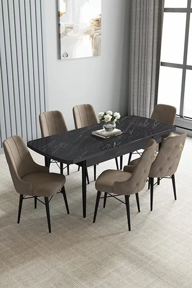 Loft Siyah Mermer 80x132 Açılabilir Mdf Masa Yemek Odası Takımı, Mutfak Takımı 6 Sandalye Cappucino - 2