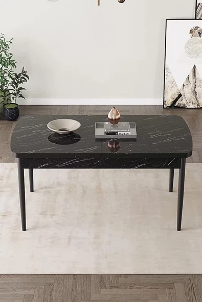 Loft Siyah Mermer 80x132 Açılabilir Mdf Masa Yemek Odası Takımı, Mutfak Takımı 6 Sandalye Siyah - 4