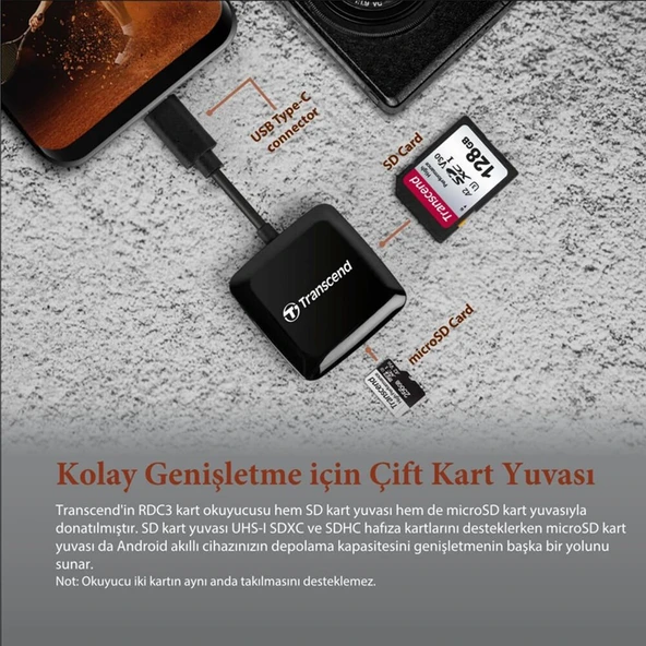 Transcend RDC3 USB 3.2 Gen1 Type-C SD/MicroSD Kart Okuyucu (Siyah) - 4