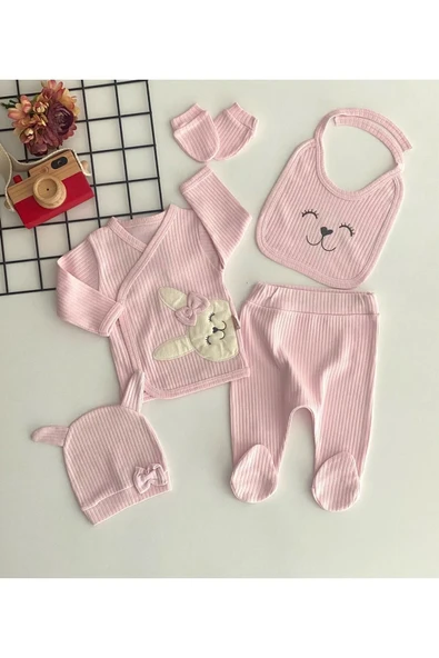 Ayıcık Nakışlı Desen 5 Parça Bebek Takımı Pembe Esnek Dokuma 5 Parça Düz Casual - 1
