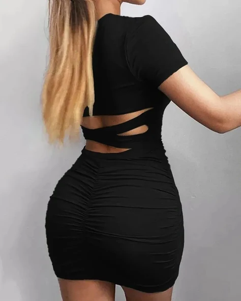 Kadın Kısa Kollu Bel çapraz Detay Dekolteli Eteği Büzgülü Sandy Mini Elbise - Resim 3