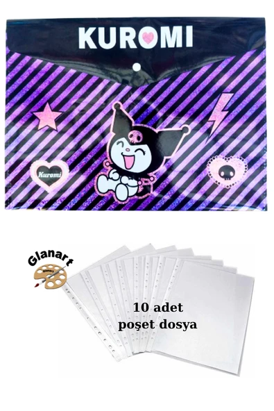 a4 boy çıt çıt  ödev dosyası +10' lu poşet dosya kuromi mor ürün görseli