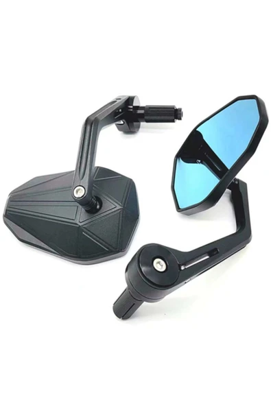 Motosiklet Gidon Ucu Cnc Kesim Mat Siyah Geniş Mavi Cam Ayna ürün görseli