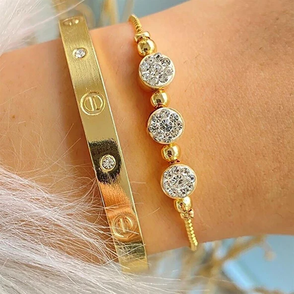 Altın Renk Kombin Bileklik Seti Cartier Taşlı Bileklik Ve Zirkon Macun Bileklik ürün görseli 1