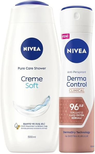 Kadın Creme Soft Duş Jeli 500ml ve Sprey Deodorant Derma Control Clinical 150ml, 96 Saat Ter Koruma ürün görseli 1