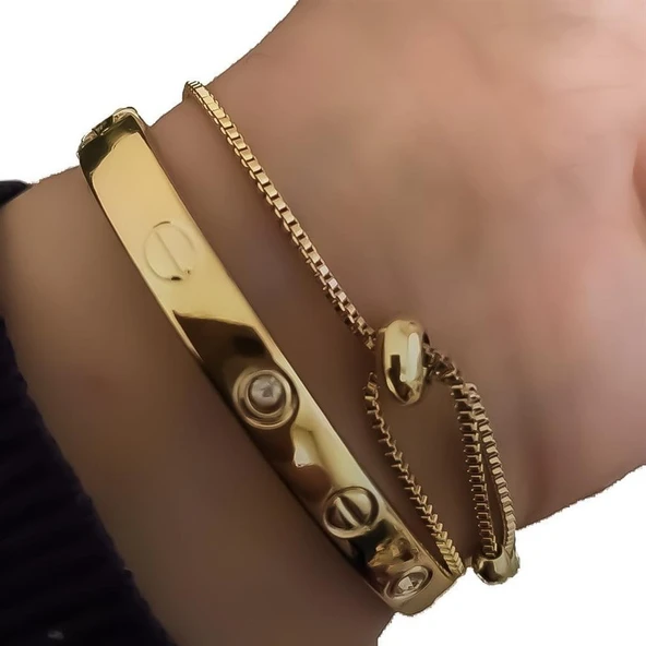 Altın Renk Kombin Bileklik Seti Cartier Taşlı Bileklik Ve Zirkon Macun Bileklik - Resim 4