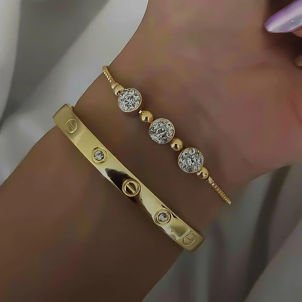 Altın Renk Kombin Bileklik Seti Cartier Taşlı Bileklik Ve Zirkon Macun Bileklik - Resim 2