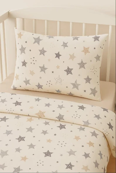 Sinada %100 Pamuk Gri Yıldız Desenli Bebek Nevresim ürün görseli