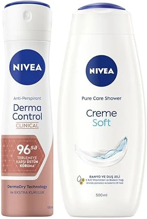 NIVEA Creme Soft Duş Jeli 500ml ve Kadın Sprey Deodorant Derma Control Clinical 50ml, 96Saat Ter Koruması ürün görseli