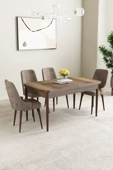 Mabel Barok Desen 80x132 Açılabilir Mdf Masa Yemek Odası Takımı, Mutfak Takımı 4 Adet Sandalye Cappucino