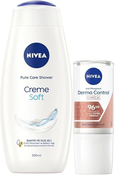 Kadın Creme Soft Duş Jeli 500ml ve Roll-on Deodorant Derma Control Clinical 50ml, 96 Saat Ter Koruma ürün görseli 1