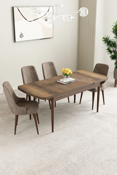 Mabel Barok Desen 80x132 Açılabilir Mdf Masa Yemek Odası Takımı, Mutfak Takımı 4 Adet Sandalye Cappucino - 2