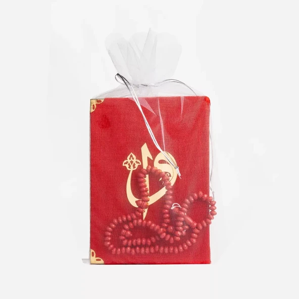 Tesbih + Yasin Hediye Seti (Çanta Boy, Tül Keseli, Gül Kokulu, Kırmızı)