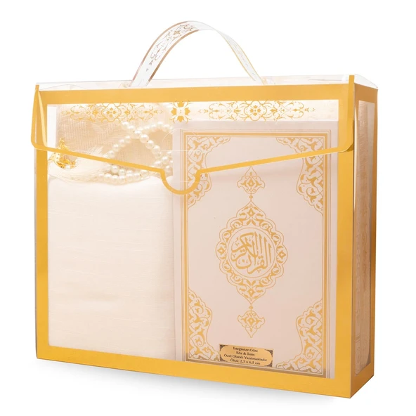 Şal + Seccade + Tesbih + Kuran Hediye Seti (Çanta Boy, Asetat Çanta, Beyaz) - Resim 2