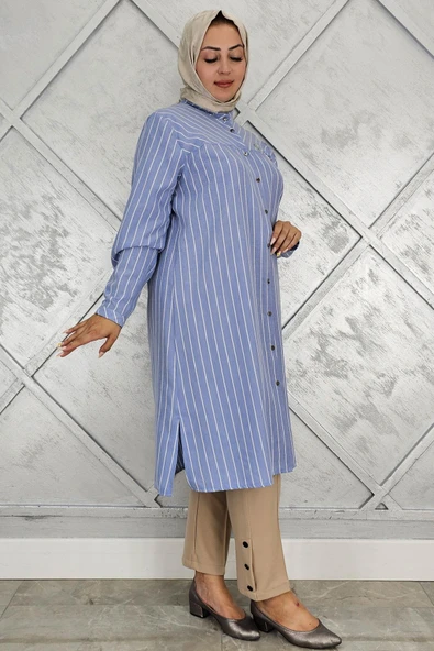 KADIN BROŞLU ÇİZGİLİ KETEN TESETTÜR GÖMLEK - Resim 2