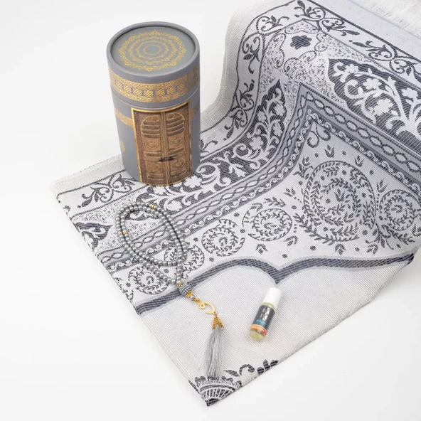 Seccade + Tesbih + Esans Hediye Seti (Kabe Desen, Gri) - Resim 2