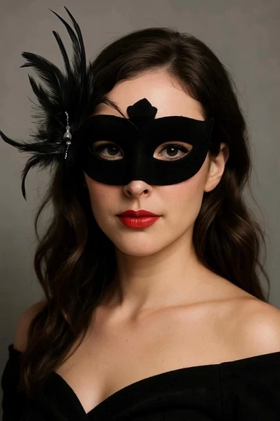 CEYLAN ADAM     Siyah Renk Yandan Tüylü Süet Kaplama Beyaz İncili Parti Maskesi 18X15 cm - Resim 3