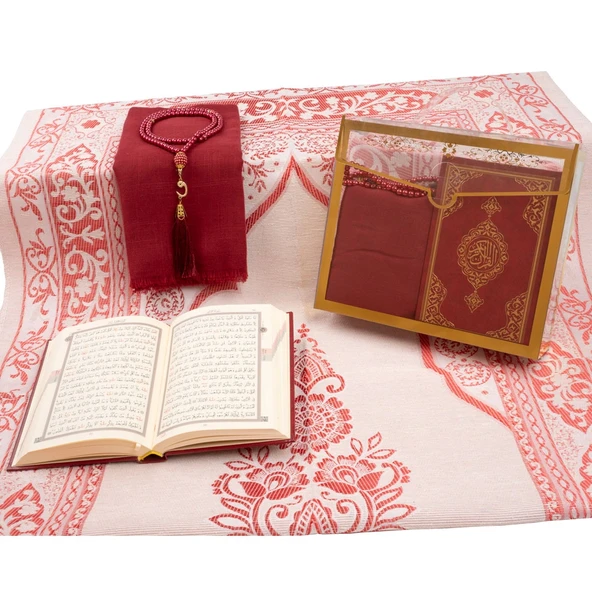 Şal + Seccade + Tesbih + Kuran Hediye Seti (Çanta Boy, Asetat Çanta, Bordo) - Resim 3