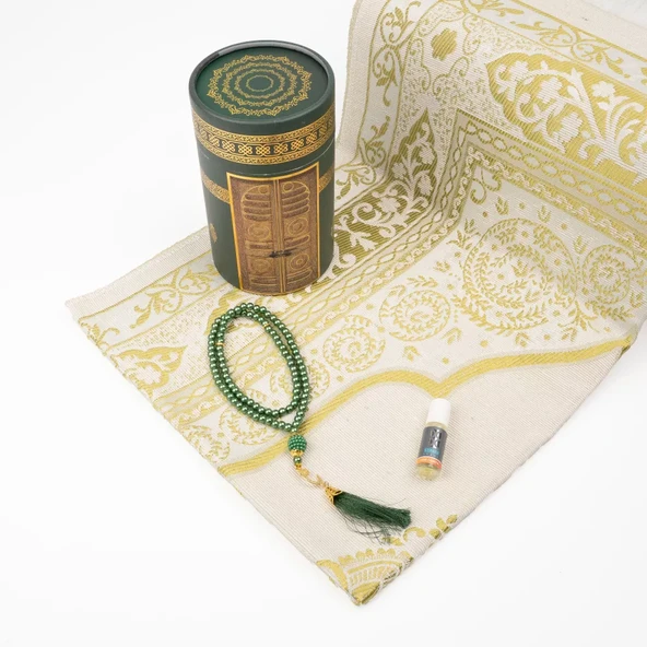 Seccade + Tesbih + Esans Hediye Seti (Kabe Desen, Yeşil) - 2
