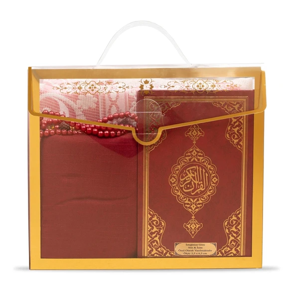 Şal + Seccade + Tesbih + Kuran Hediye Seti (Çanta Boy, Asetat Çanta, Bordo) ürün görseli 1