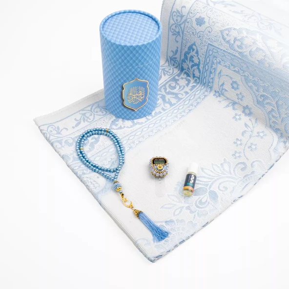 Seccade + Tesbih + Esans + Zikirmatik Hediye Seti (3D Desen, Mavi) - 2
