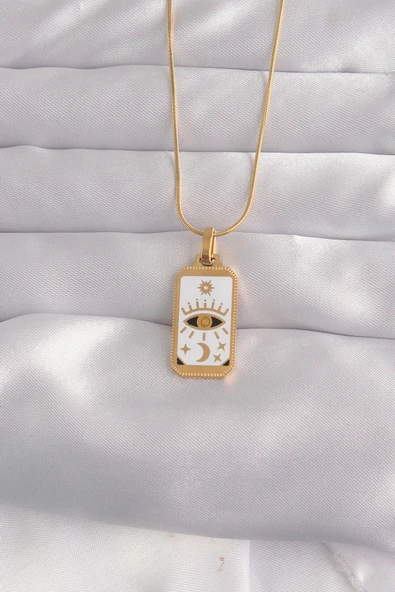 316L Çelik Gold Renk Beyaz Mineli Göz Figür Tarot Kolye - TJ-BKO9037 ürün görseli 1