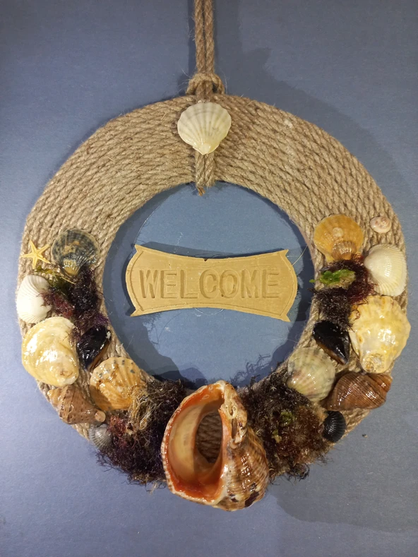 WELCOME Yazılı Doğal Deniz Kabukları Süslemeli Kapı Süsü - Resim 3