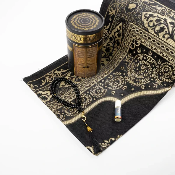 Seccade + Tesbih + Esans Hediye Seti (Kabe Desen, Siyah) - 2