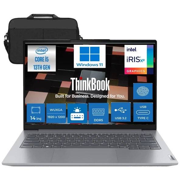 LENOVO Thinkbook 14 G6 Irl Intel Core I5-13420H 16 GB 512 GB SSD UHD Graphics 14" Wuxga 300NIT WINDOWS11 Pro Taşınabilir Bilgisayar 21KG00UCTR10 & Cimete Çanta ürün görseli 1