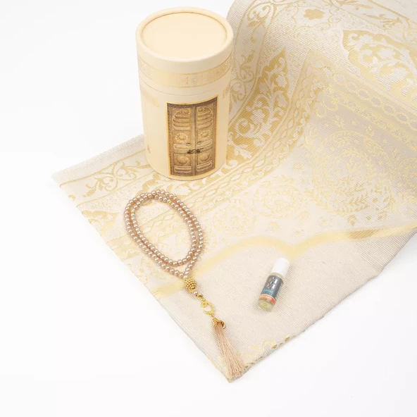 Seccade + Tesbih + Esans Hediye Seti (Kabe Desen, Gold) - 2