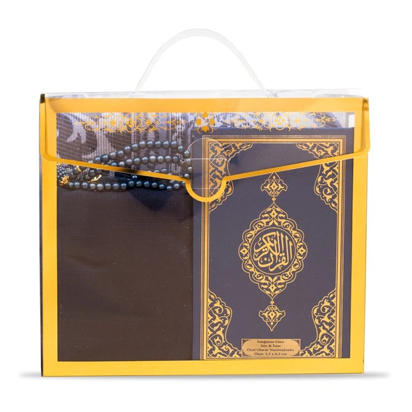 Şal + Seccade + Tesbih + Kuran Hediye Seti (Çanta Boy, Asetat Çanta, Lacivert)