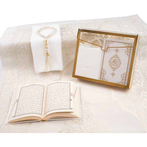Şal + Seccade + Tesbih + Kuran Hediye Seti (Çanta Boy, Asetat Çanta, Beyaz) - Resim 3