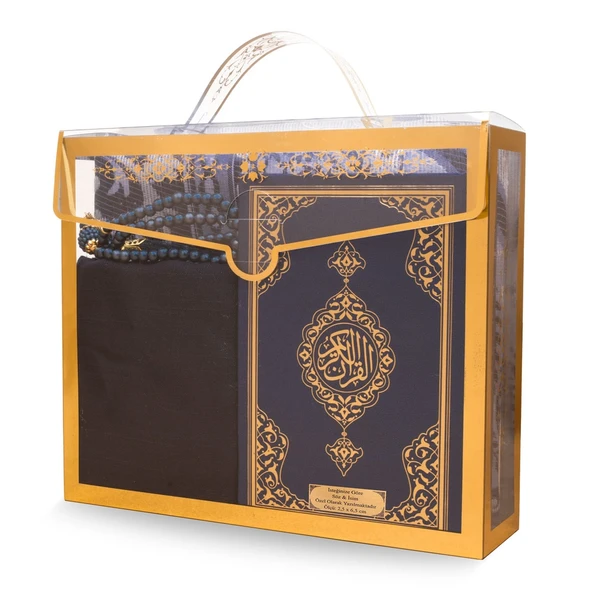 Şal + Seccade + Tesbih + Kuran Hediye Seti (Çanta Boy, Asetat Çanta, Lacivert) - 2